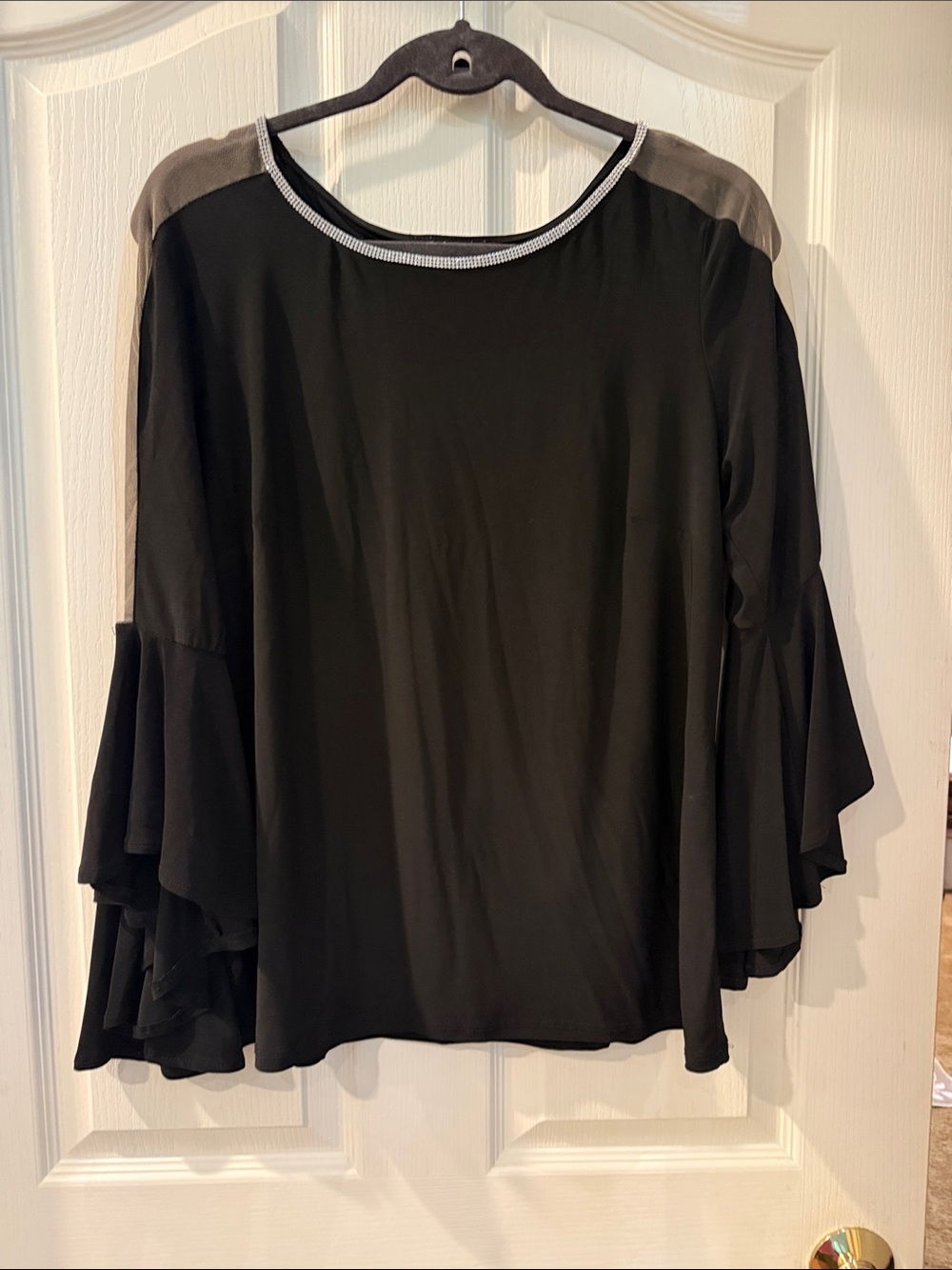 Black Ruffle-Sleeve Women's Blouse with Contrast Shoulder Trim